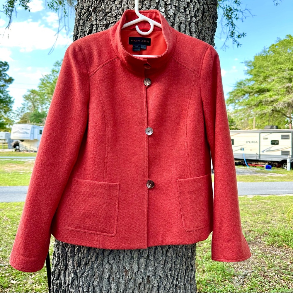 NINA MCLEMORE LAMBS WOOL NEHRU BLAZER Sz 10 Orange Shell Button Bohemian‎ Jacket